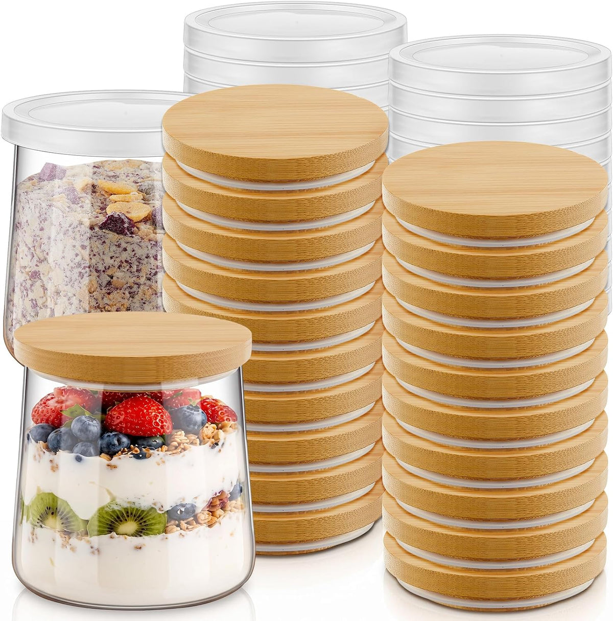 40 Pcs Yogurt Jar Lids Compatible with Oui 5 oz Plastic Silcone Bambo Wood