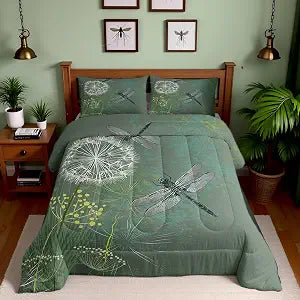 Homewish Dragonfly Comforter Set Twin Size,Dandelion Floral Bedding Set 2pcs for Kids Girls Teens Women Bedroom Decor Nature Animals Botanical Quilted Duvet Vintage Green Duvet Insert,1 Pillowcase