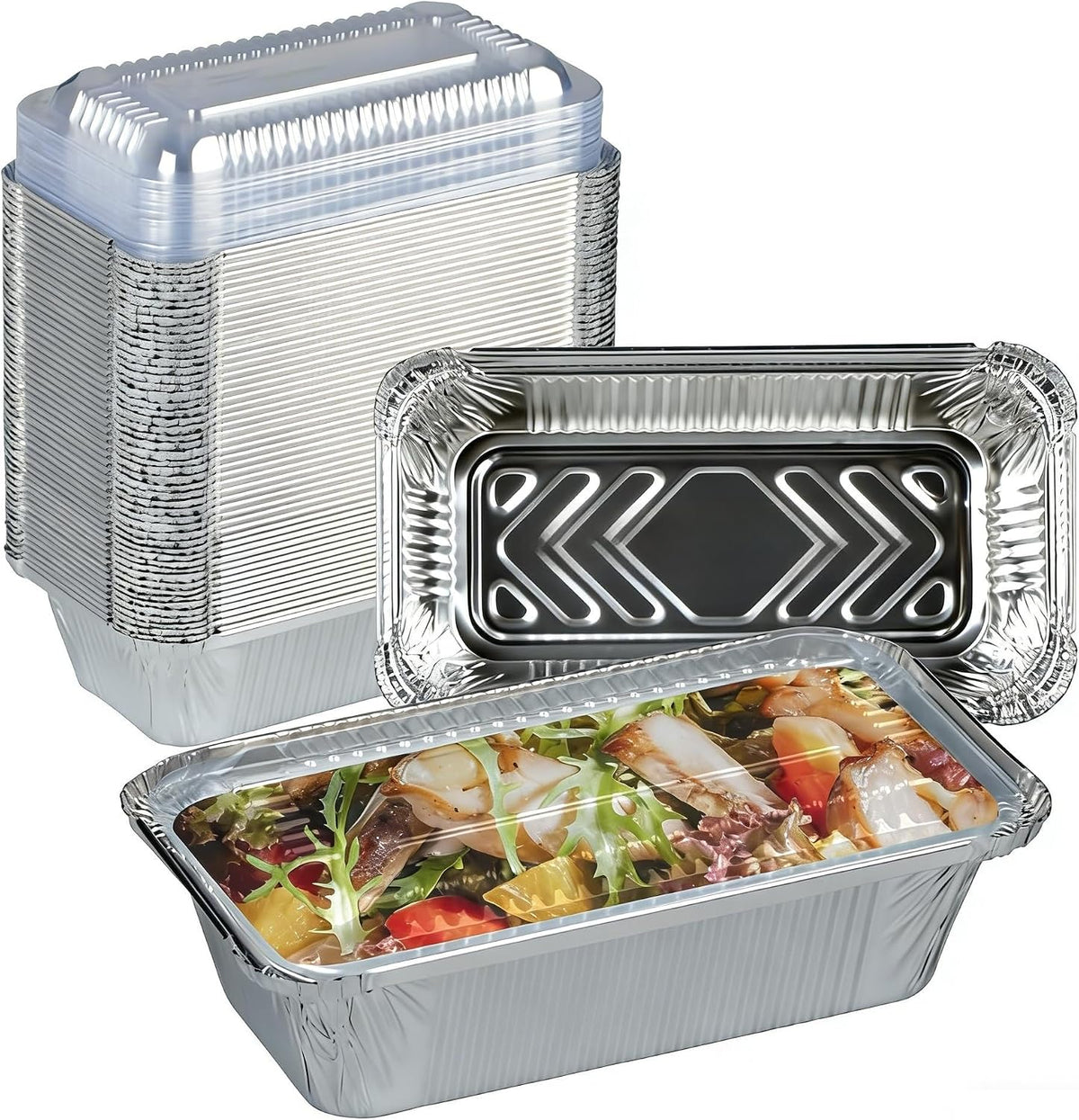 Foil Pans with Lids,50 Pack 8''X4'' Disposable Aluminum Pans with Clear Dome Lids,20 Ounce Aluminum Foil Food Containers for Meal Prep Cooking Roasting Heating Baking (50, 20 OZ)