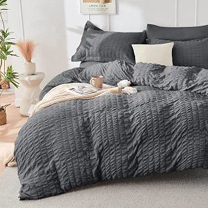 HYMOKEGE Dark Grey Duvet Cover Queen Size, Ultra Soft 3-Piece Seersucker Duvet Cover Set with Zipper Closure, Soft Brushed Microfiber Bedding Set with 8 Corner Ties (90"x90", 2 Pillowshams)