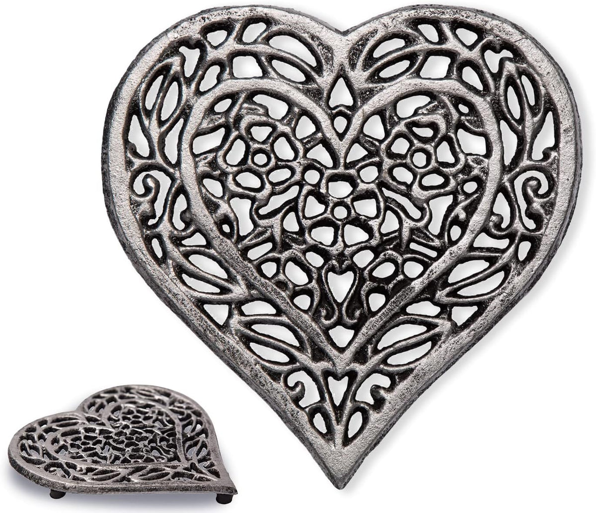 Comfify Silver with Black Cast Iron Heart Trivet - 6.75"x6.5" - Hot Pot Pad