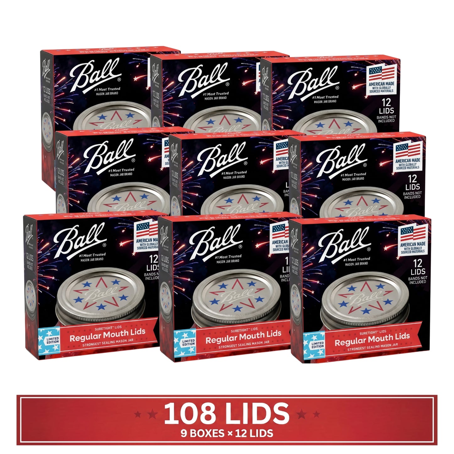 Ball 12-Pack Limited Edition Regular Mouth Canning Jar Lids, Americana Mason Jar Lids for Canning and Preserving, One-Piece Replacement Lids for Regular Mouth Mason Jars