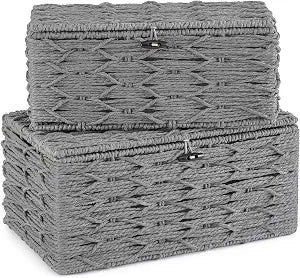 Mkono Storage Basket with Lid, Decorative Bins for Organize, Set of 2 Grey