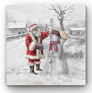 Renditions Gallery Xmas Canvas Paintings for Home Decorations Joyful Santa with Snowman in in Winter Snow Abstract Wall Art for Dining Living Room Kitchen Decor - 24"X24" LT05