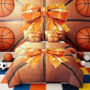 Basketball Bow Gaming Comforter Set Twin Size Kids Boys Girls Bed in a Bag