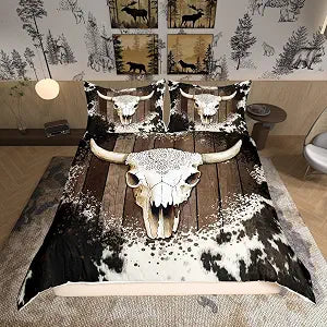 Cattle Bone Skull Duvet Cover Queen Size,Cowhide Printed Comforter Cover with 2 Pillowcase for Teens,Kids Farmhouse Wood Bedding Set,White Black Brown Breathable Decorative Bed Cover(No Comforter)