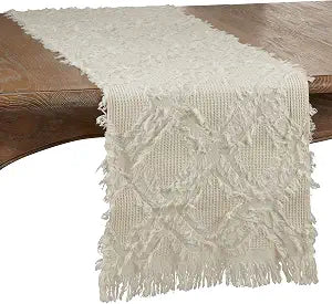 SARO LIFESTYLE Ivoryline Collection Fringe Waffle Weave Table Runner, 16" x 90", Ivory
