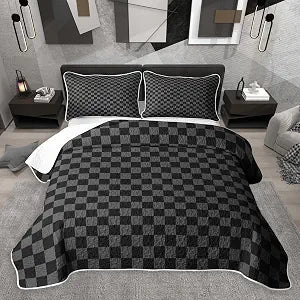 Feelyou Black Grey Plaid Quilts for Twin Bed