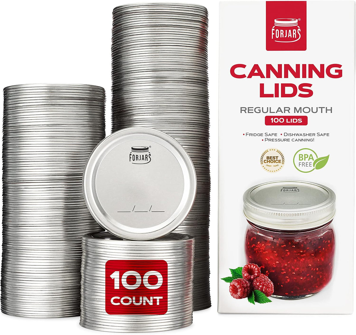 FORJARS - Canning Lids Regular Mouth, 100-Pack - Create Airtight Seals on Mason Jars to Preserve Food for Meal Prep & Food Storage - 2.7 In. Steel Lids with Silicone Seals - Canning Supplies
