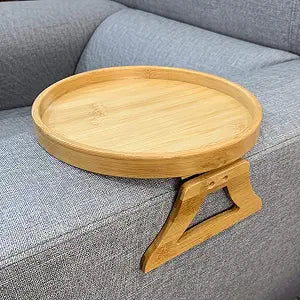 Xchouxer Side Tables Natural Bamboo Sofa Armrest Clip-On Tray, Ideal for Remote/Drinks/Phone (Round)