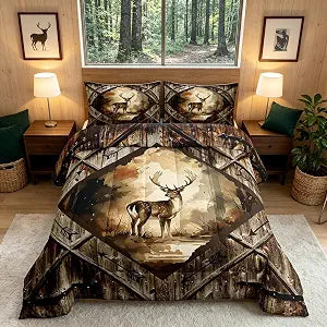 Homewish Watercolor Deer Comforter Set Retro Barn Door Wooden Stripes Bedding Set for Kids Teens Adults Tribal Arrow Jungle Animal Trees Rustic Down Comforter with 2 Pillowcases Queen Size 3 Pcs