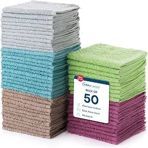 Simpli-Magic Cotton Wash Cloths 12"x12" (50 Pack) ��� Highly Absorbent Soft Towels for Bathroom ��� Commercial Terry Washcloth for Face, Hand, Bath, Kitchen, Gym & Hotel (Multicolor)