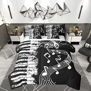 Castle Fairy 7 Pieces Piano Comforter Set for Kids Musical Notes Bedding Set Queen Size,Piano Keys Comforter for Boys Girls Adult Black and White Tie Dye Super Soft Fade Resistant Microfiber Bedding