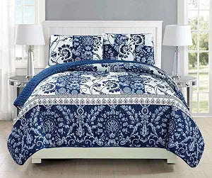 Mk Collection 3pc Bedspread Coverlet Quilted Floral White Navy Blue Over Size New #186 King/California King