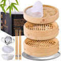 KitchenCrust Bamboo Steamer Basket 10 Inch With Ring, 2 Tier Dumpling Set