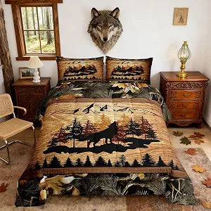 Homewish Wolf Silhouette Comforter Set Queen Size 3 Pcs,Jungle Pine Trees Botanical Leaves Bedding Set for Kids Teens Adults,Brown Wooden Grid Retro Cabin Quilted Comforter with 2 Pillowcases