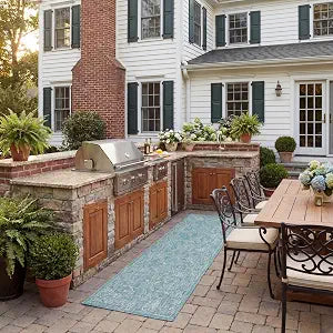 SAFAVIEH Washable Rug Outdoor Courtyard Collection - 2'3" x 12' Runner, Aqua Blue & Grey, Non-Shedding & Easy Cleaning, Ideal for Patio, Entryway, Mudroom, Hallway, Kitchen (CY8680-37121)