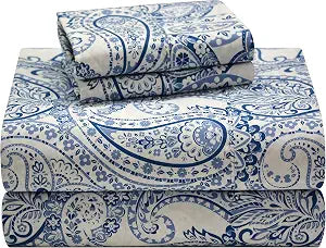 Pointehaven 100% Cotton Percale Sheets - Printed Bed Sheet & Pillowcase Sets - Soft Cotton Bed Sheets Set - Fits Mattress 18 inches Deep Pocket (Blue, Queen)