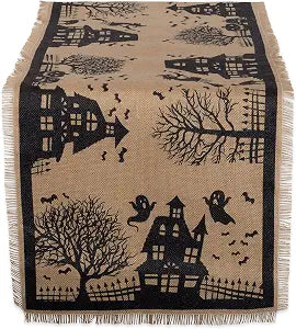 DII Halloween Primitive Style Burlap Tabletop Dcor, Spooky Haunted House Jute, Table Runner, 14x113, Black & Tan