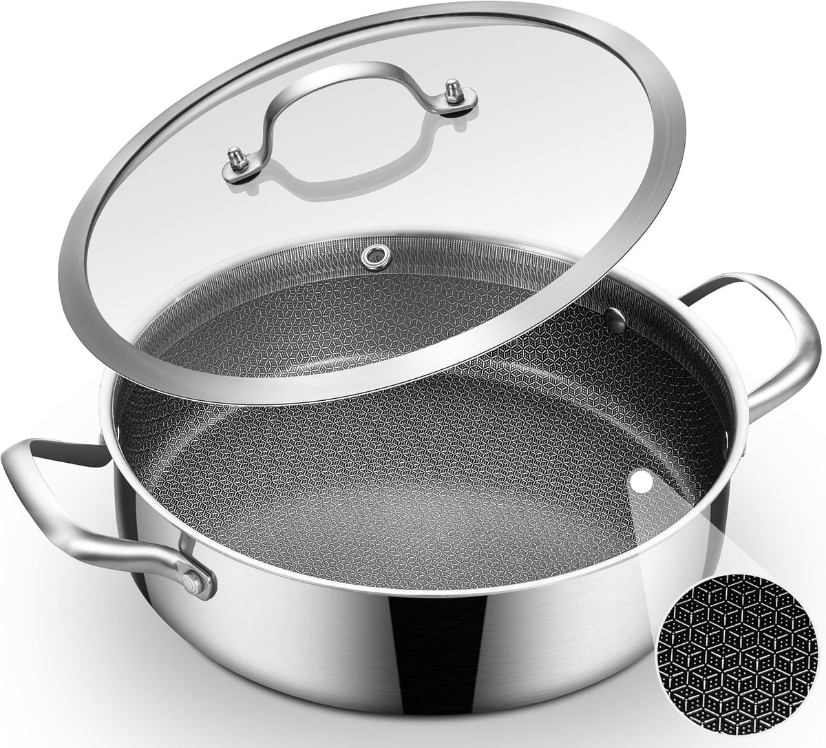 Inqibee 5 QT Saute Pan with Lid, 12 Inch Deep Frying Pan, Riveted Handle