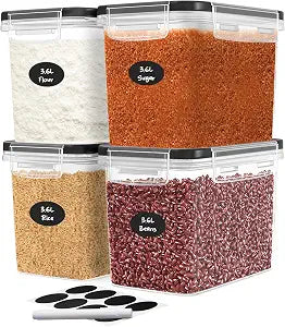 DWLLZA KITCHEN Flour Sugar Storage Containers Set of 4; 3.6L Plastic Airtight Food Storage Containers with Lids for Kitchen Pantry Organization and Storage - Dry Food Containers, Labels & Marker