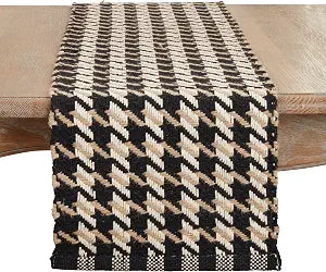 SARO LIFESTYLE Nyra Collection Traditional Houndstooth Table Runner, 14"x72", Black/Natural