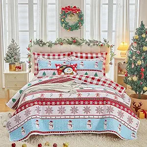 Joyreap 3 Pieces Christmas Quilt Set Queen, Red and White Stripes Snowflake Gingerbread Xmas Tree Santa, Soft Microfiber Bedspread Bed Cover for All Season, 1 Quilt n 2 Pillow Shams- 90x90 inches