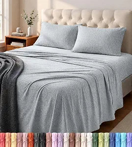 Jersey Knit Sheets 4 Piece, Cotton T-Shirt Feel, Queen, Heather Light Grey