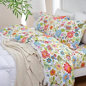 MEISHANG Soft Cooling Full Sheet Set - Blend Rayon Derived from Bamboo,1800 Thread Count Floral Bed Sheets Oeko-Tex Certificated 4 Piece - Spring Flower