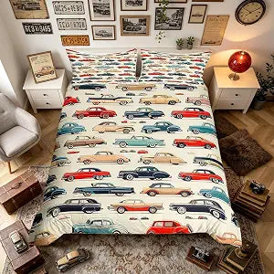 Castle Fairy Vintage Cars Duvet Cover Set Twin Size 80s Retro Sports Car Comforter Cover Transport Vehicles Bedding Set 2pcs for Kids Modern Fashion Beige Bedspread Cover,Comforter Not Included