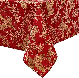 Foil Woodland Holiday Fabric Tablecloth, Red - 60" W x 120" L