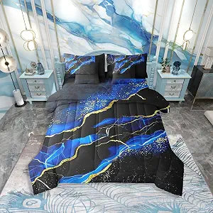 Erosebridal 7 Pcs Black Blue Marble Bed Set King Size Marbling Crack Comforter for Women Adults,Abstract Art Sheet Set Bed in A Bag Metallic Shiny Galaxy Fluid Aesthetic Bedroom Decor