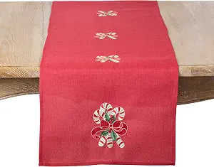 SARO LIFESTYLE Candy Cane & Bow Holiday Table Runner - Embroidered Christmas Table Runner for Festive Dining Tables, Seasonal Entertaining, Holiday Kitchen Dcor, and Winter Tablescapes, 16"x70", Red