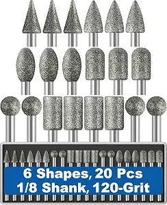 20Pcs 120-Grit Diamond Grinder Bit 1/8" Shank Compatible with Dremel Rotary Tool Attachment Accessories Grinding Burrs for Stone Glass Resin Porcelain Ceramic Quartz Glaze Steel Carve Engrave Polish
