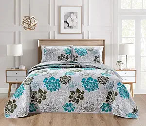 Masterplay 3-Piece Fine Printed Oversize (118" X 95") Quilt Set, Bedspread Coverlet King Size Bed Cover (Grey with Black, Turquoise Blue Floral)