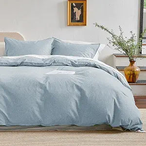 King Size Washed Cotton Duvet Cover Set, 3 Pieces Linen Like Cooling Breathable Bedding with Hidden Zipper Closure and 2 Pillowcases, Dusty Blue