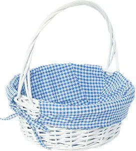 White Round Willow Wicker Gift Basket with Blue Gingham Liner & Handle, Medium  Decorative Foraging, Picnic, Storage Basket