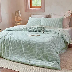 FALUCA 100% Washed Cotton Striped Duvet Cover Set Queen Size 3 Pieces (1 Duvet Cover 88"x92", 2 Pillow Shams) Breathable Durable Soft Bedding Set for All Season (Sage Green-White Stripes, Queen)