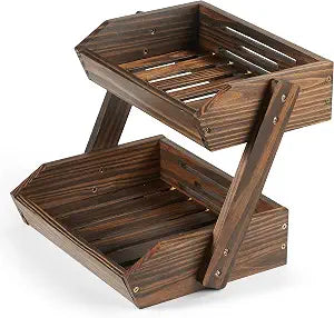 Large Capacity 2-Tier Wooden Fruit Basket, Durable Acacia Wood, 10.5" Tall, Spacious for Produce, Vegetables, Bread Storage and Home Kitchen Countertop