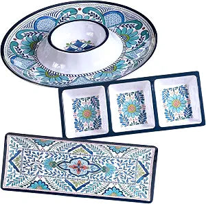 Talavera 3-Piece Melamine Hostess Serveware Set  Chip & Dip Server, 3-Section Relish Tray, and 19" Rectangular Platter  Colorful Southwest Serving Set for Entertaining & Outdoor Dining