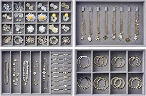 Velvet Jewelry Drawer Organizer Trays  Large Grey Stackable Jewelry Storage Inserts Set, 4-Layer Jewelry Tray Set for Earrings, Rings, Necklaces, Bracelets with Removable Dividers for Dresser, Vanity