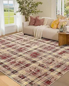 Washable Rugs 4x6 Rug for Living Room Modern Plaid Area Rug for Bedroom Tartan Farmhouse Red Non Slip Entryway Rug Soft Stain Resistant Carpet for Nursery Entrance Dining Room 4'x6' Red