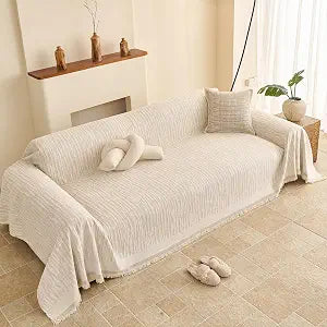 Reversible Couch Covers for Dogs 3 Cushion, Loveseat Slipcovers Washable, Pet L Shape Sectional Protector Washable, Boho Couch Cover Blanket, Wavy Stripe Chenille, White, 71"x118"