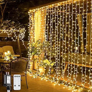 JMEXSUSS 300 LED Remote Control Curtain Lights, Plug in Fairy Curtain Lights Outdoor, Window Wall Hanging String Lights for Bedroom Indoor Dorm Backdrop Wedding Party Patio Christmas Decor, Warm White