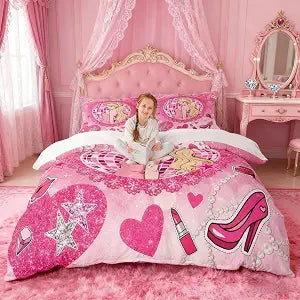 Pink Girly Princess Kids Duvet Cover Set Queen Size,High-heeled Shoes Lip Bowknot Romantic Bedding Set,Beauty Girls Room Decor,Glitter Sequin Diamond Comforter Cover,Dreamy Quilt Cover,2 Pillowcases