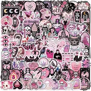 100Pcs Dark Pink Goth Stickers, Gothic Skull Stickers for Adults Mens Teens Girls, Horror Decals for Water Bottle Laptop Luggage Journal