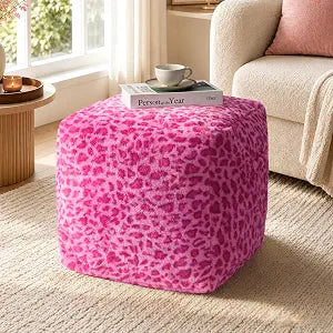 AELS Unstuffed Hot Pink Leopard Cheetah Print Pouf Cover for Living Room, Boho Chic Modern Storage Bean Bag Cube, Soft Faux Fur Ottoman Foot Rest Footstool, 18"x18"x18", Cover ONLY