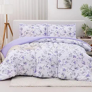 Mooreeke Floral Queen Size Comforter Sets, Lightweight Purple Lavender Botanical Printed Bedding for All Seasons, 3-Piece Vintage Bed in a Bag with Fluffy Quilted Reversible Comforter & 2 Pillow Shams