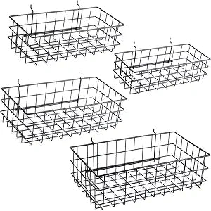 Pegboard Baskets, Set of 4 Black - Hooks to Any Peg Board - Pegboard Accessories, Square Style Wire Shelf Baskets - Organize Tools, Workbench, Garage Storage - Wall Organizer Attachments