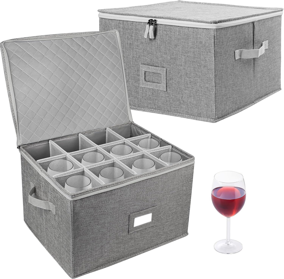 LotFancy Stemware Storage Container for Moving, Hard Shell, 2 Pack, Stackable Wine Glass Storage Box with Dividers & Handles, Crystal Glassware, Champagne Flute, Drinkware Case, Gray